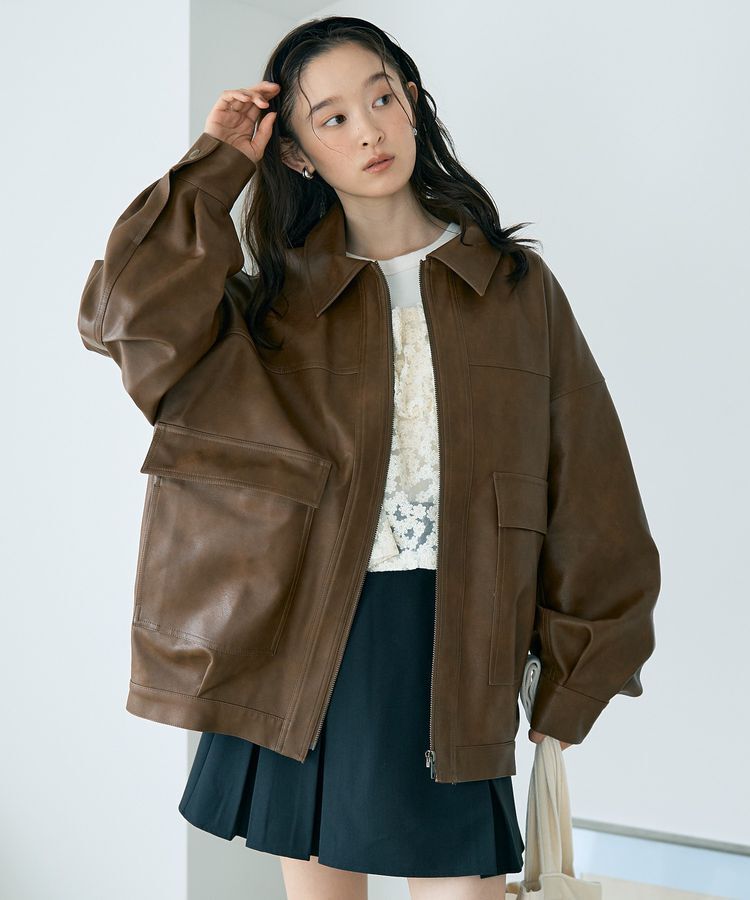 earth music&ecology「フェイクレザージップジャケット」|ブルゾン・スタジャン|Light brown