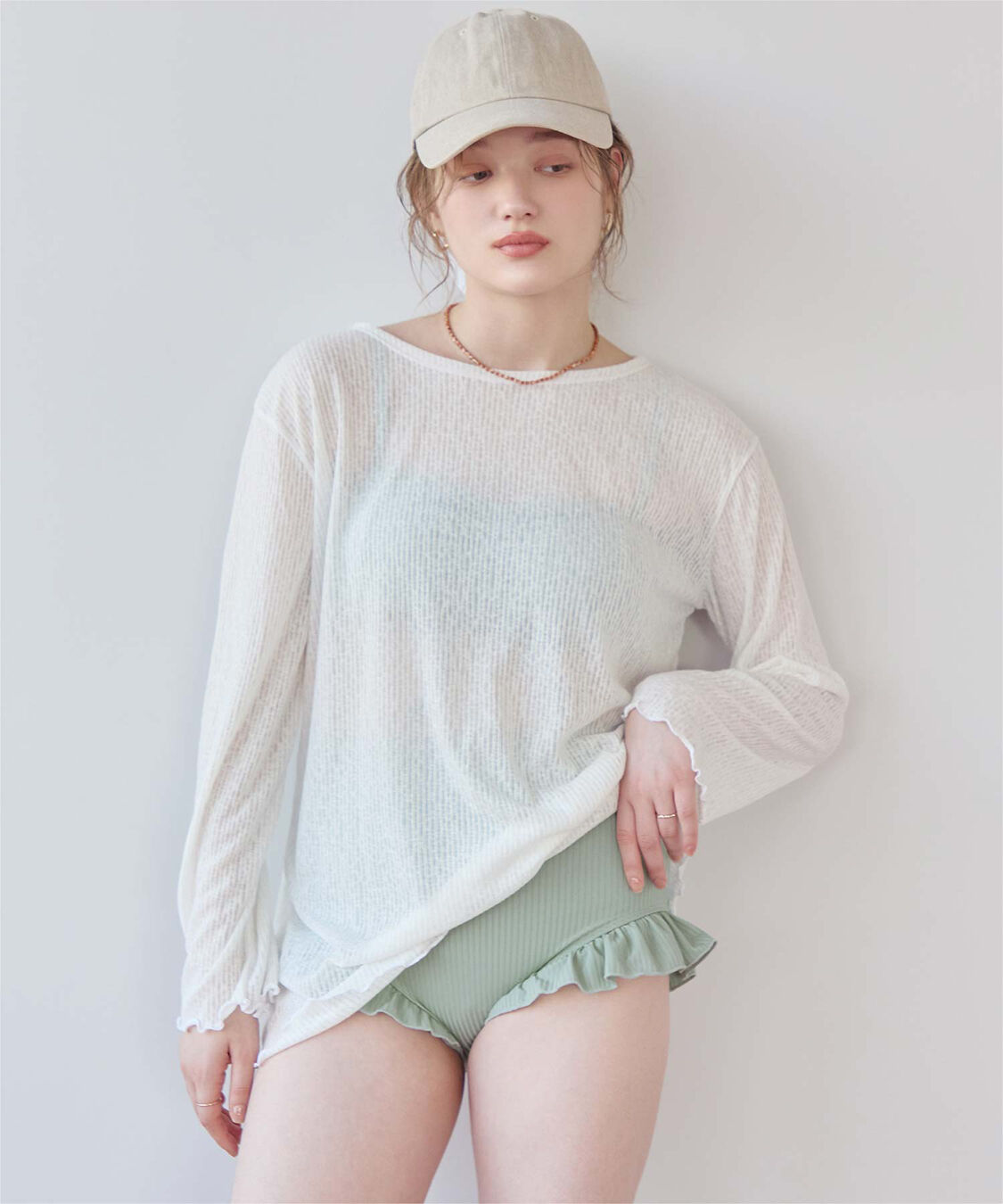 SEA DRESS「シアートップス付ビキニ/セット水着」|ビキニ|オフホワイト/ミント