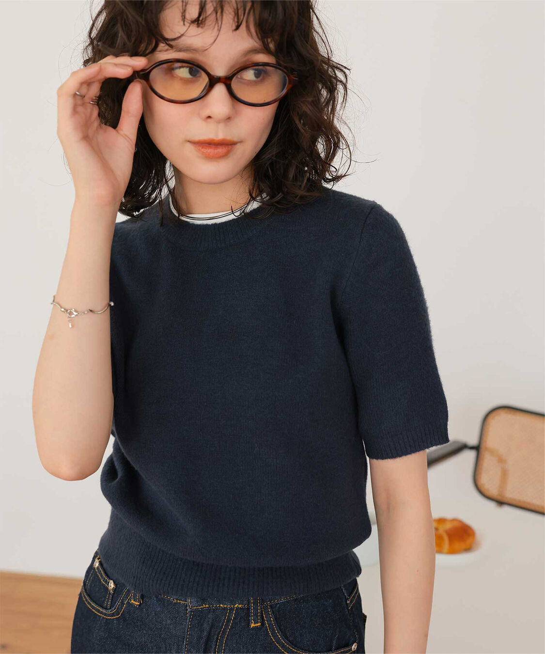 titivate「レイヤードデザインふわっとタッチハーフスリーブニット」|ニット・セーター|ネイビー