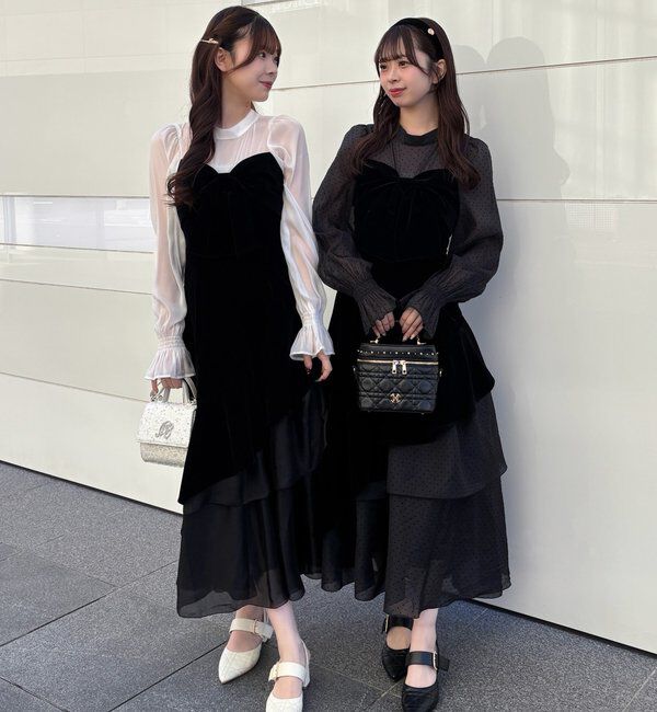  「ベロアリボン異素材ロングワンピース」|ワンピース|