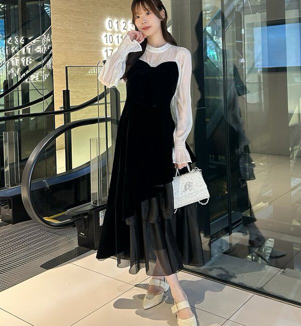  「ベロアリボン異素材ロングワンピース」|ワンピース|