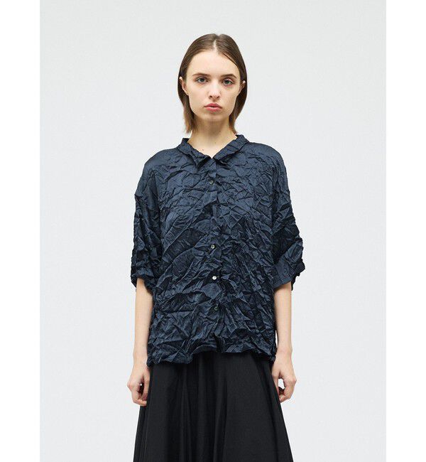 mizuiro ind「mizuiro ind ワッシャーハーフスリーブシャツ」|シャツ・ブラウス|ネイビー