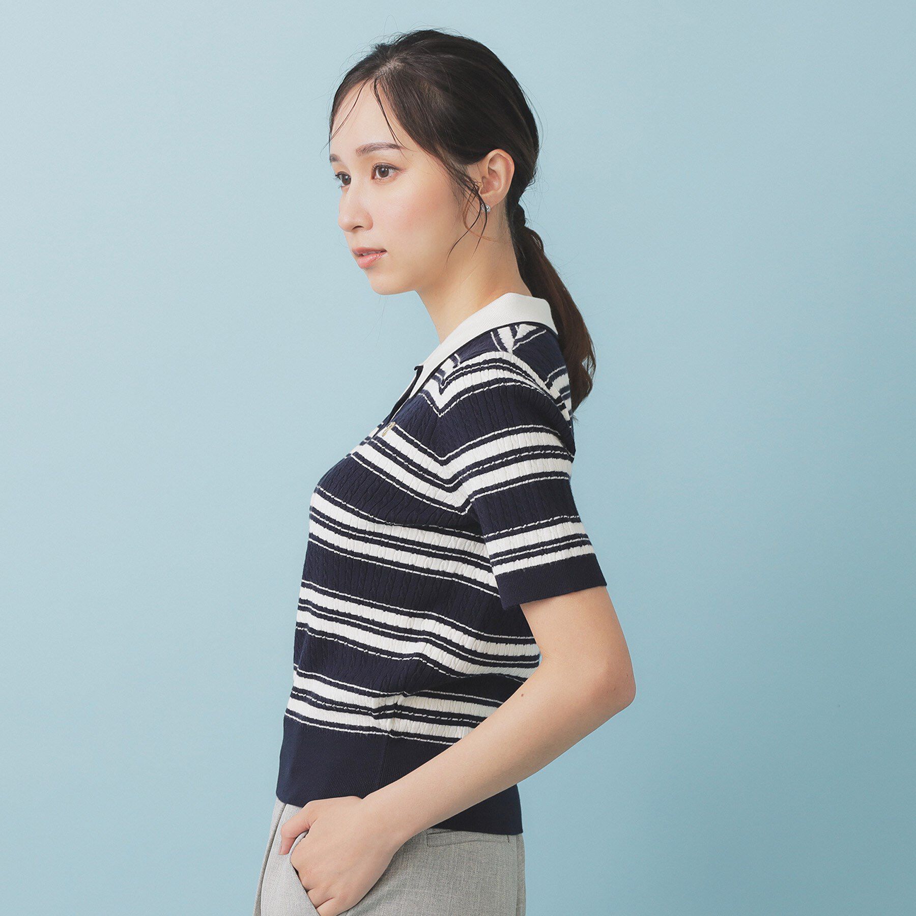 index「ランダムボーダーケーブルポロニット【洗濯機洗い可/抗ピル】」|ニット・セーター|