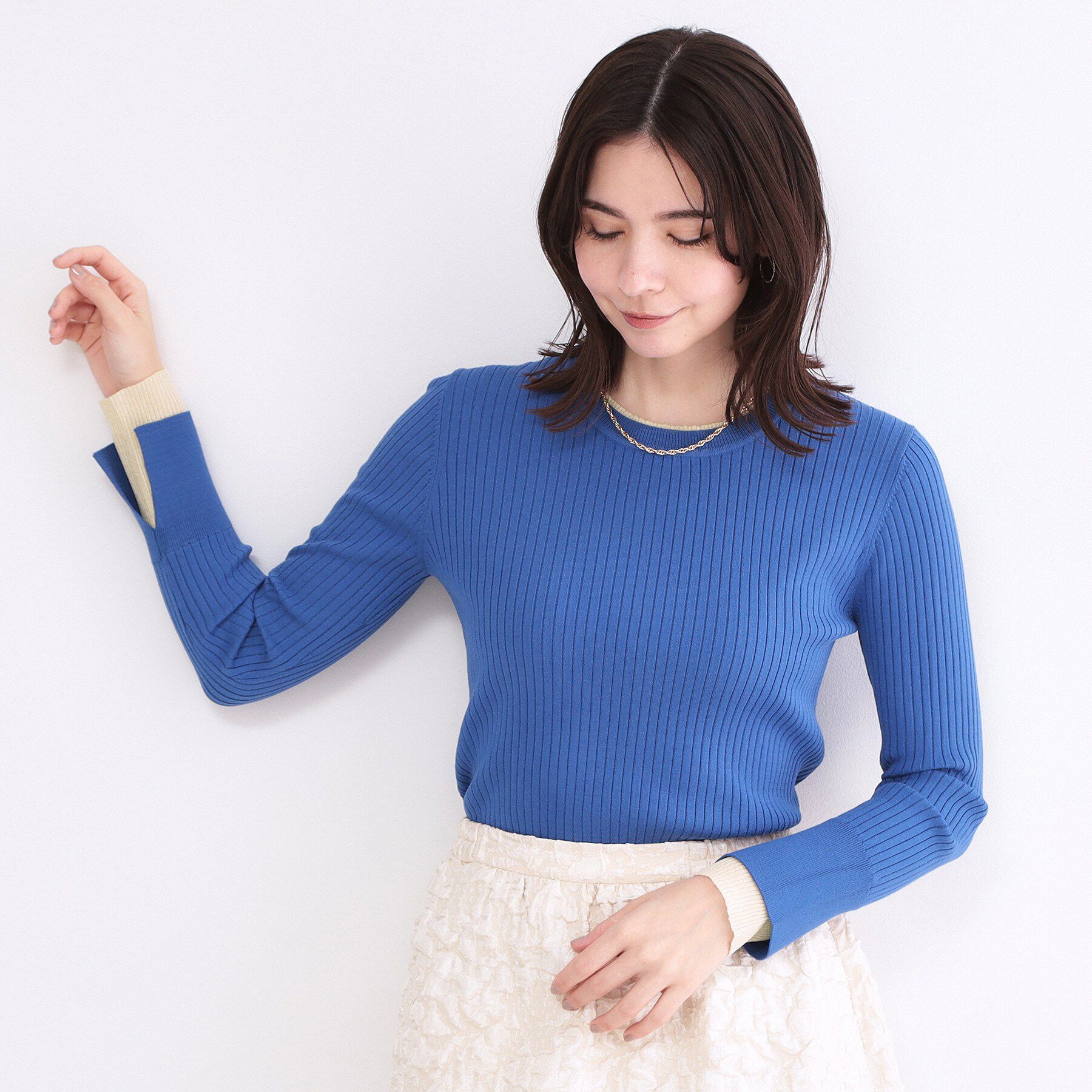 OPAQUE.CLIP「レイヤード風クルーネックリブニット【洗濯機OK】」|ニット・セーター|ブルー(092)