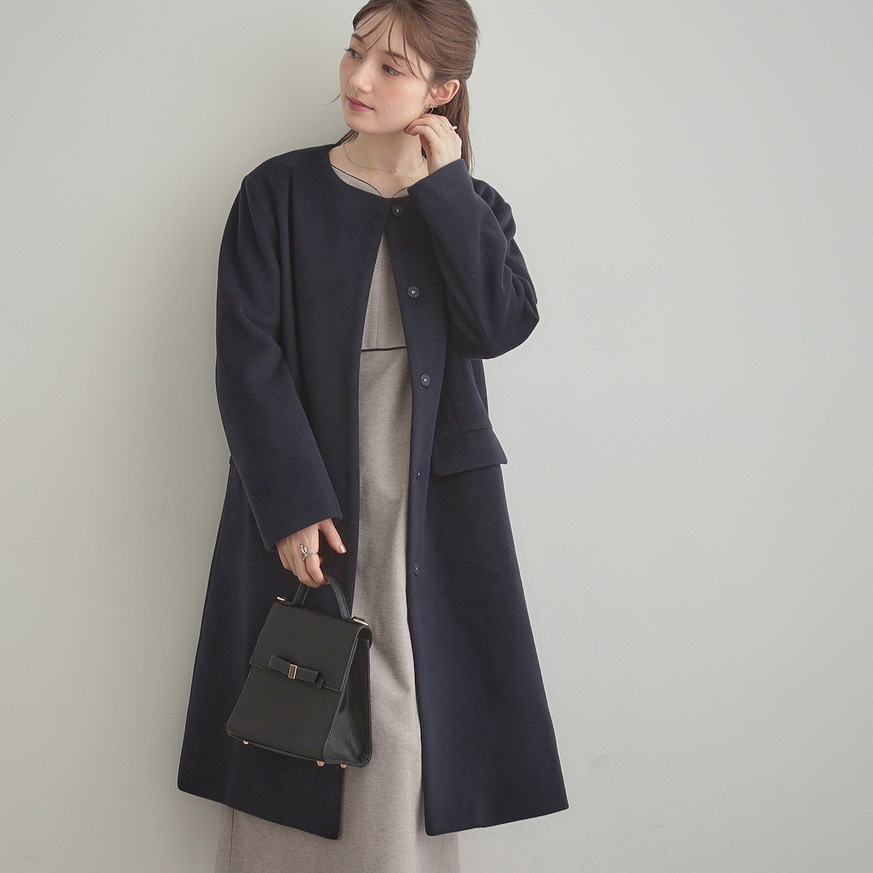 Couture broach「【通勤/ビジューブローチ付き】ノーカラー ロングコート」|ノーカラーコート|