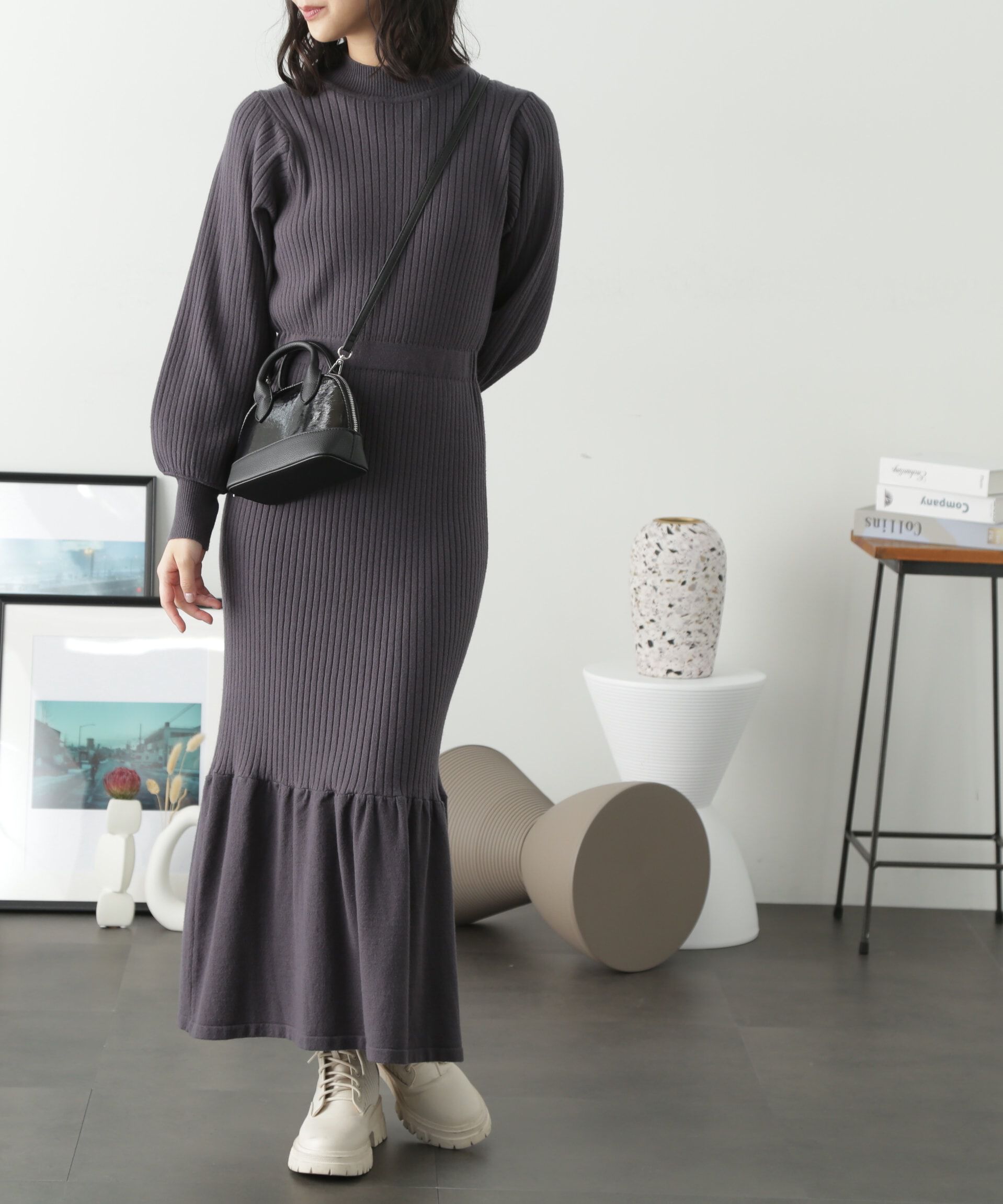  「ウォームストレッチバックパールボタンニットワンピース」|ワンピース|