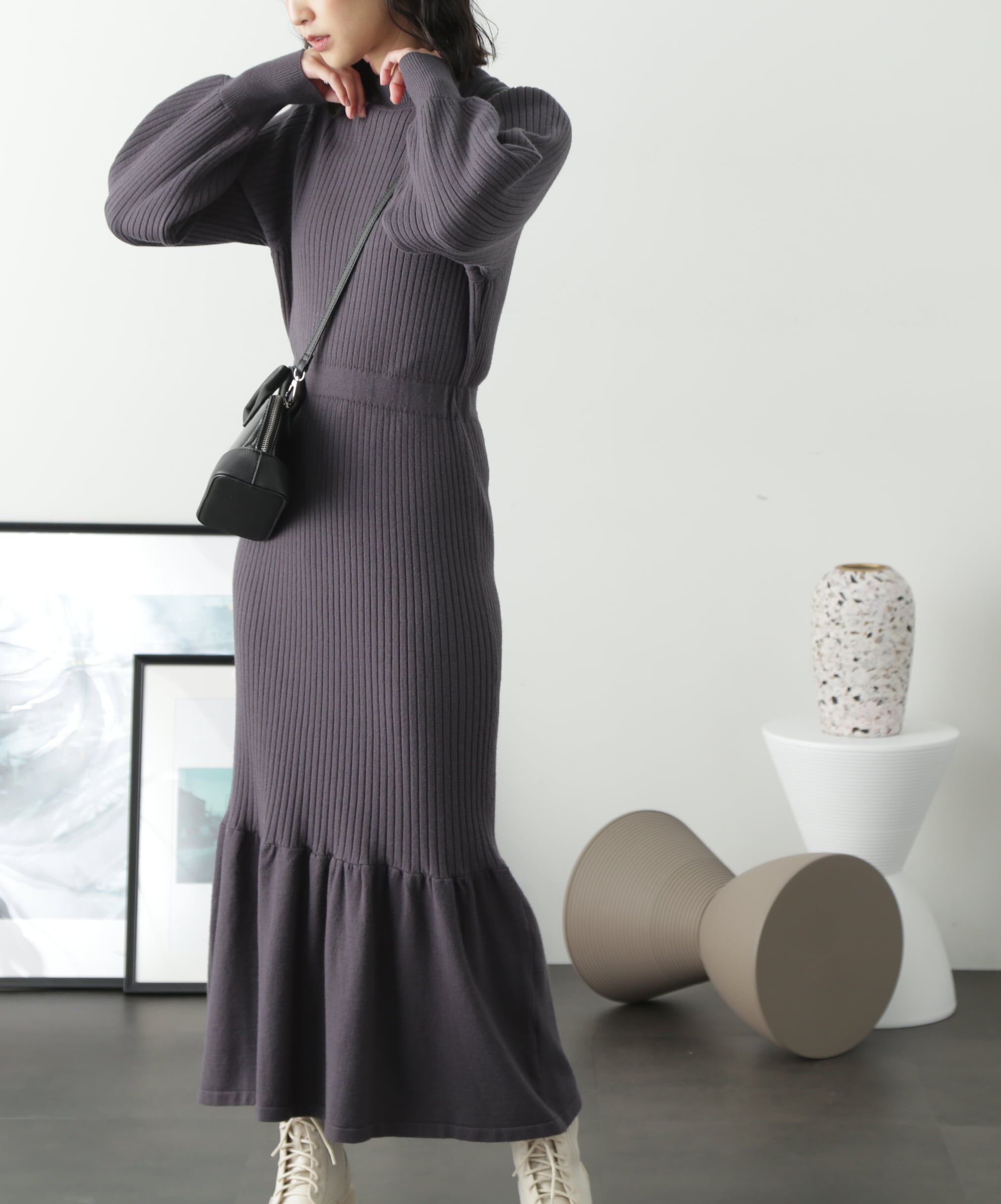  「ウォームストレッチバックパールボタンニットワンピース」|ワンピース|