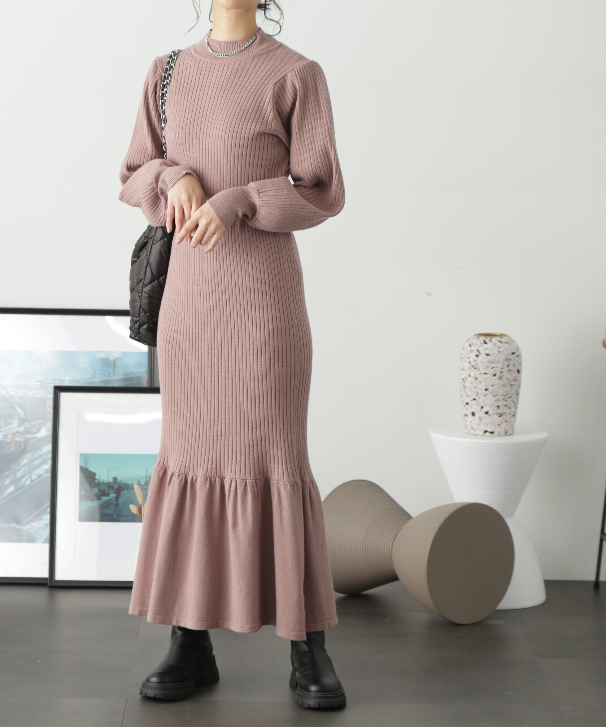  「ウォームストレッチバックパールボタンニットワンピース」|ワンピース|