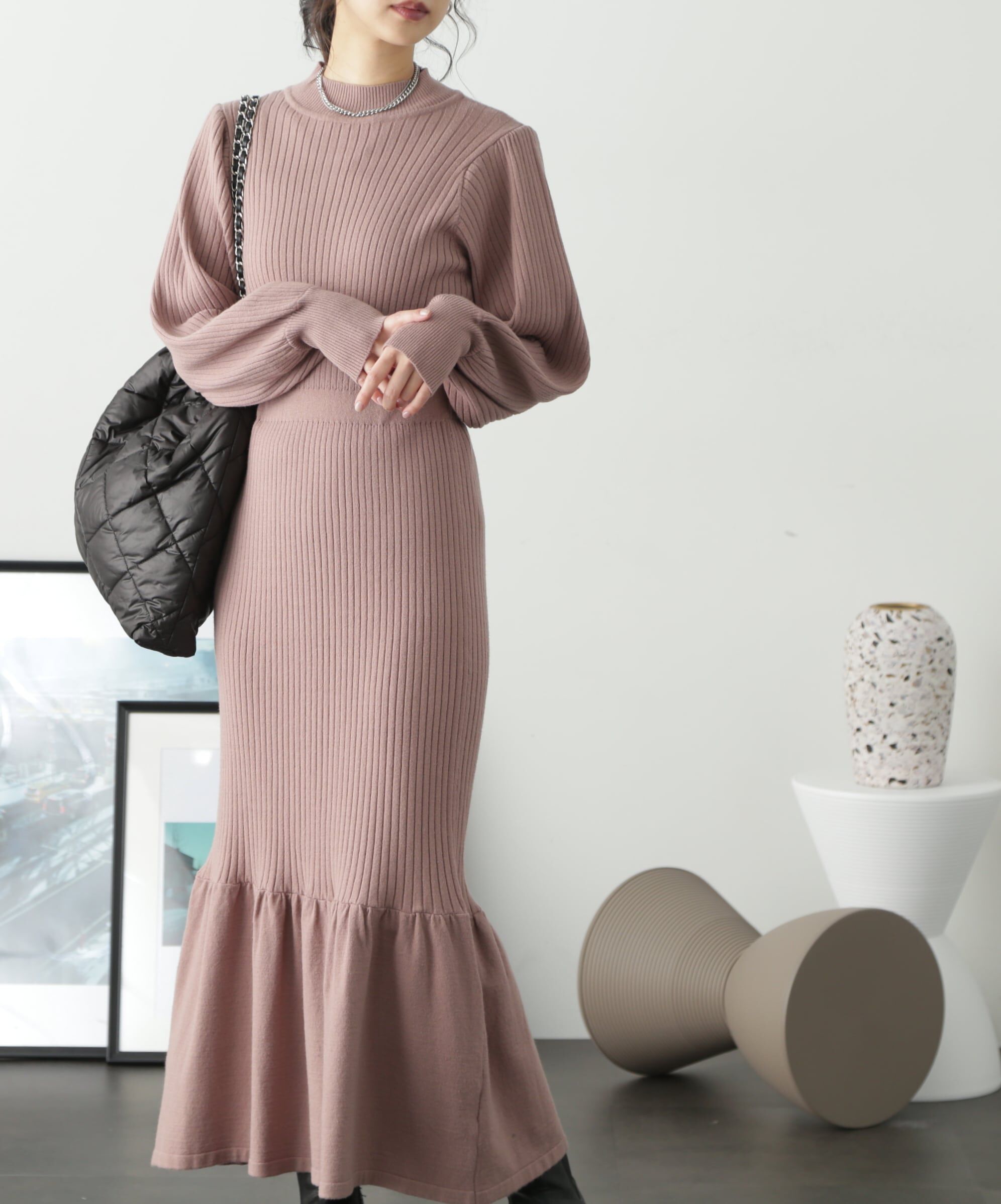  「ウォームストレッチバックパールボタンニットワンピース」|ワンピース|