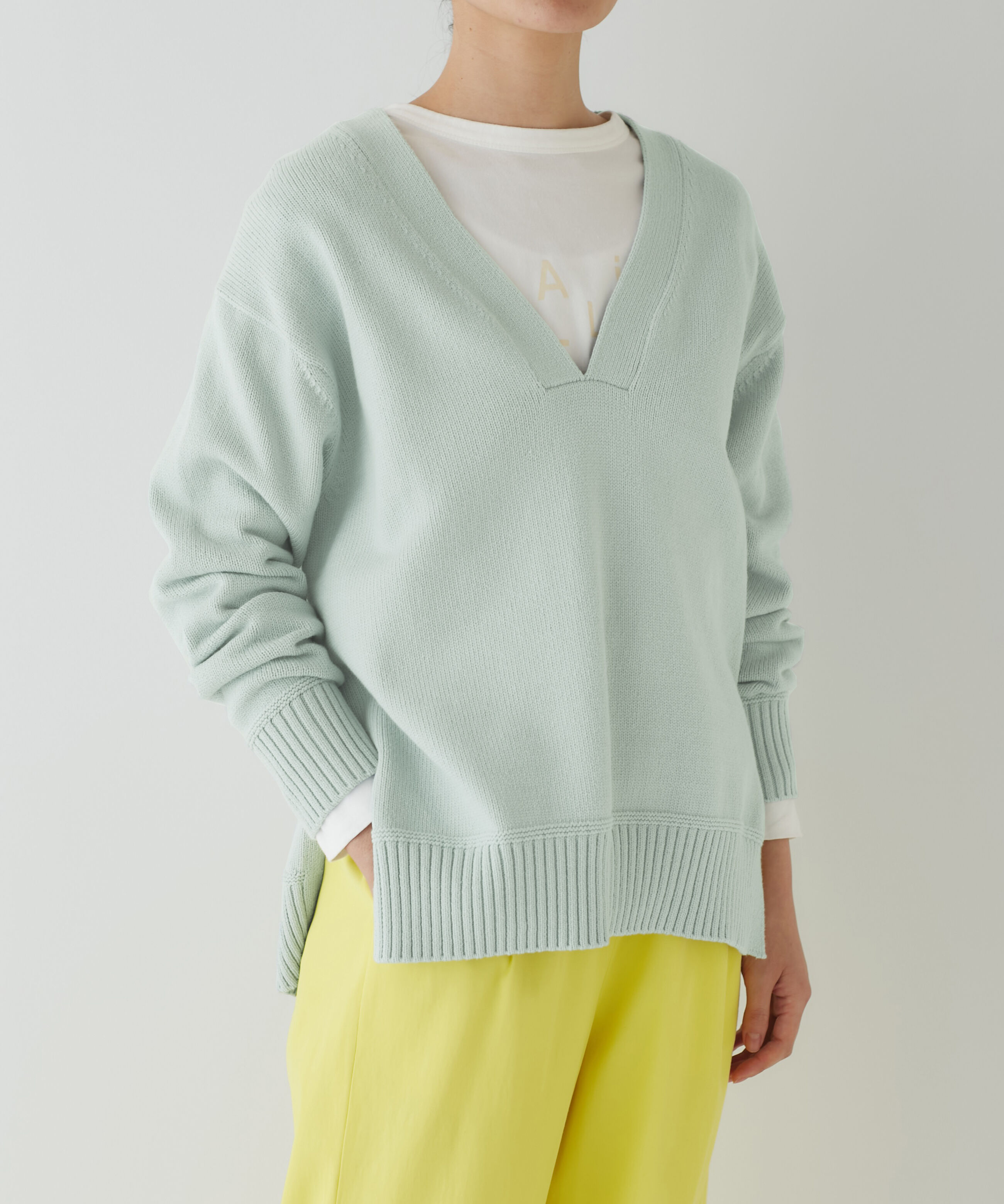  「◆Ｖネックチュニックトップス」|ニット・セーター|ミントグリー