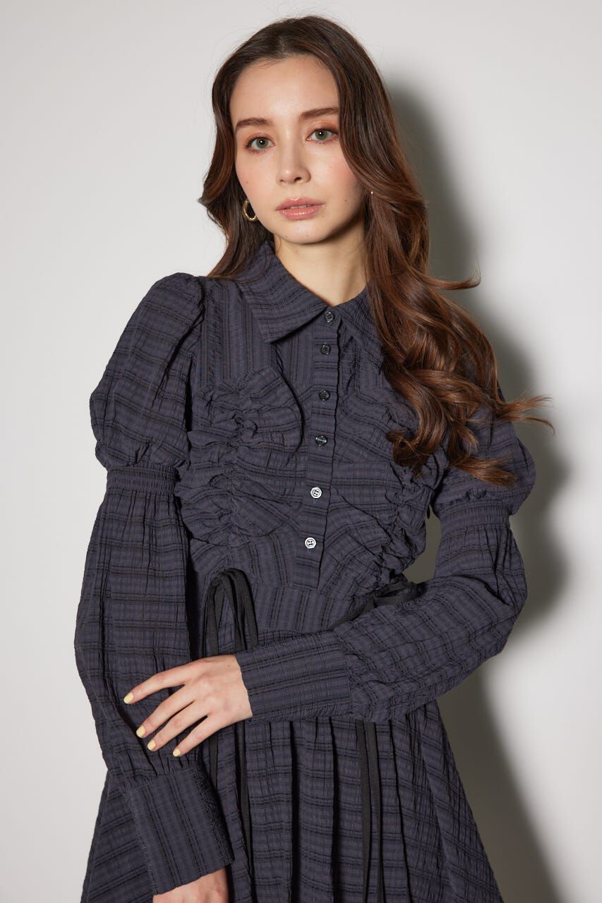 rienda「フロントシャーリングリボンミニシャツフレアワンピース」|ワンピース|