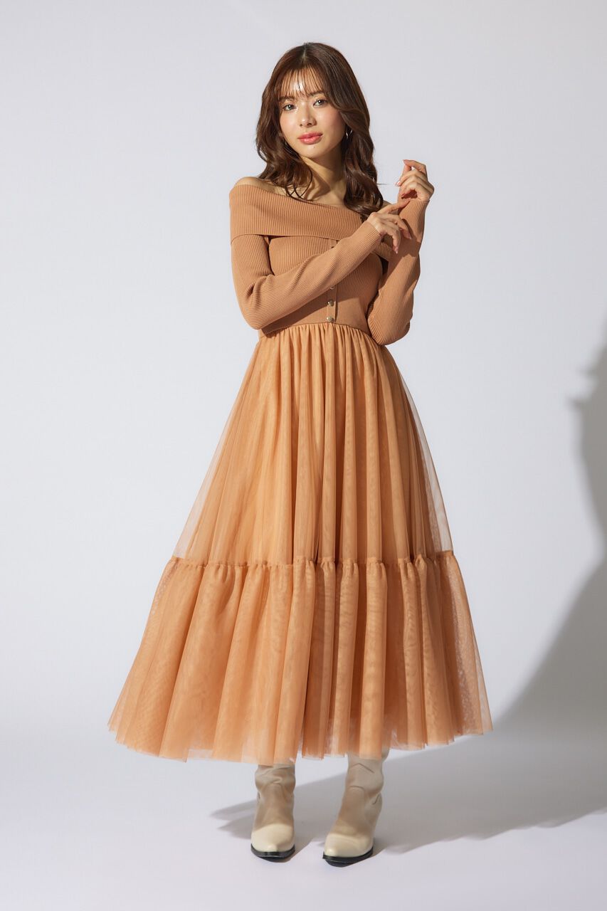 rienda「オフショルダーチュールドッキングワンピース」|ワンピース|