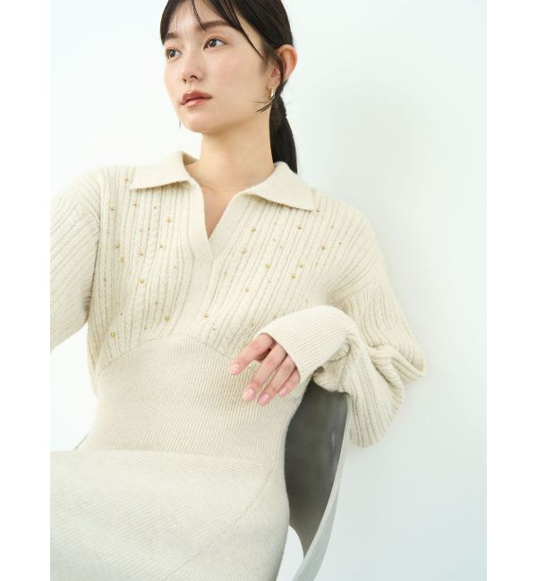 LAGUNAMOON「【REVIVAL】ケーブルビジューIラインニットワンピース」|ワンピース|ベージュ