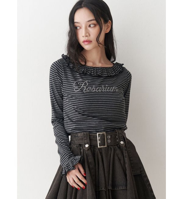 jouetie「ラインストーンフリルトップス」|Tシャツ・カットソー|ブラック