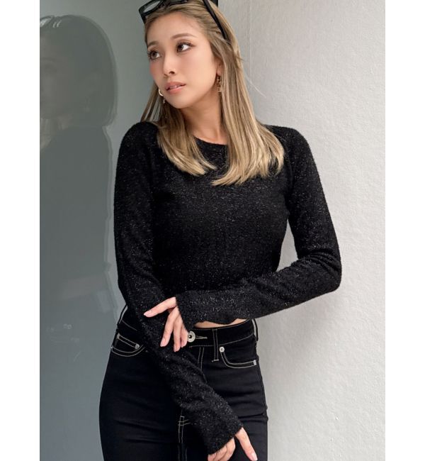 GYDA「BACK リボンラメシャギーショートニットトップス」|ニット・セーター|