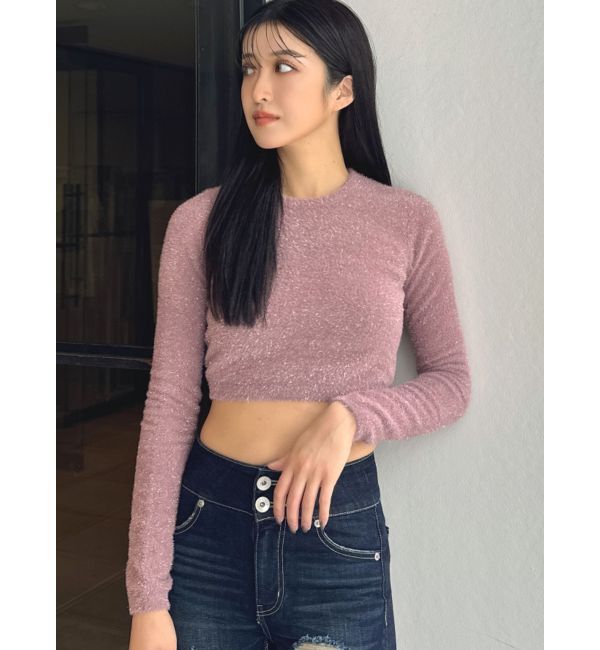 GYDA「BACK リボンラメシャギーショートニットトップス」|ニット・セーター|ピンク