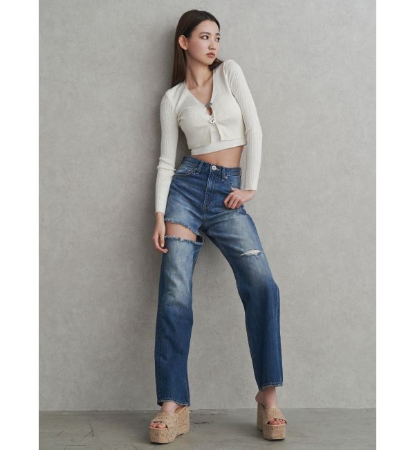 GYDA「ハイウエストSIDE RIPPEDストレートワイドデニムパンツ」|デニム|