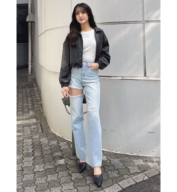 GYDA「ハイウエストSIDE RIPPEDストレートワイドデニムパンツ」|デニム|