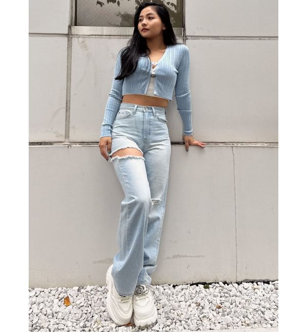 GYDA「ハイウエストSIDE RIPPEDストレートワイドデニムパンツ」|デニム|