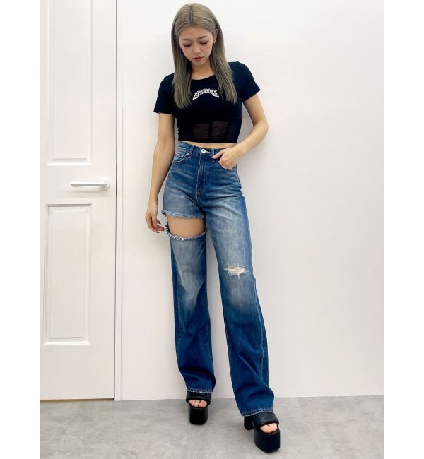 GYDA「ハイウエストSIDE RIPPEDストレートワイドデニムパンツ」|デニム|