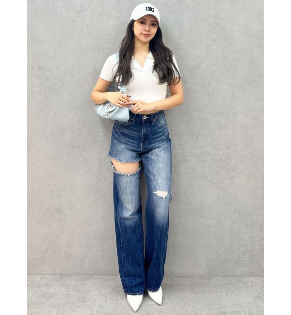 GYDA「ハイウエストSIDE RIPPEDストレートワイドデニムパンツ」|デニム|