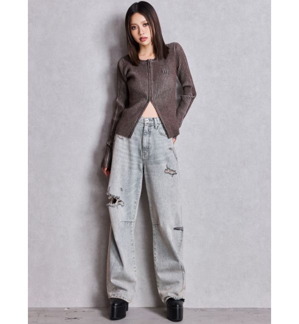 GYDA「ハイウエストGG Stitch Barrel Leg ダメージデニムパンツ」|デニム|