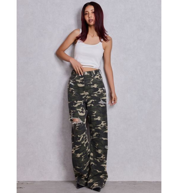 GYDA「ハイウエストGG Stitch Barrel Leg ダメージデニムパンツ」|デニム|