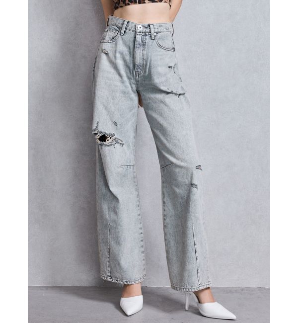 GYDA「ハイウエストGG Stitch Barrel Leg ダメージデニムパンツ」|デニム|