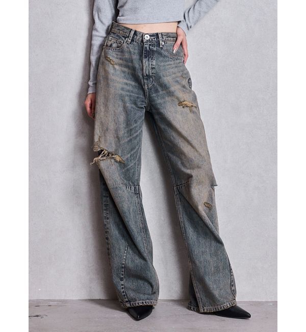 GYDA「ハイウエストGG Stitch Barrel Leg ダメージデニムパンツ」|デニム|