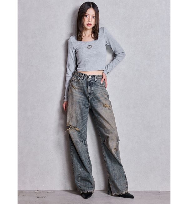 GYDA「ハイウエストGG Stitch Barrel Leg ダメージデニムパンツ」|デニム|