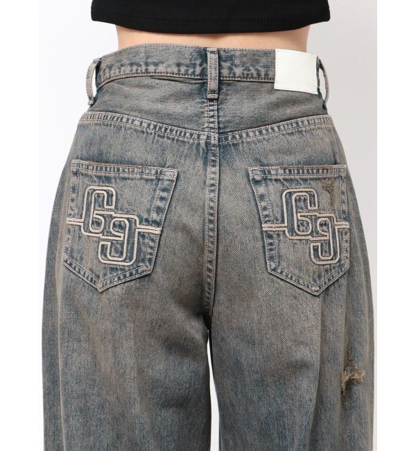 GYDA「ハイウエストGG Stitch Barrel Leg ダメージデニムパンツ」|デニム|