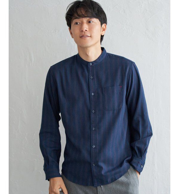 ikka「イージーケアフランネルバンドカラー」|シャツ・ブラウス|ネイビーブルー
