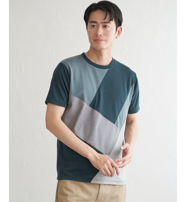 ikka「【親子おそろい】ブロックスポンチ斜め切り替えTシャツ」|Tシャツ・カットソー|