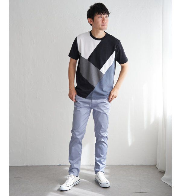 ikka「【親子おそろい】ブロックスポンチ斜め切り替えTシャツ」|Tシャツ・カットソー|