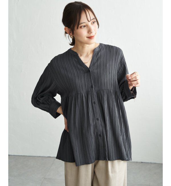 ikka「冷感楊柳バンドカラーシャツ」|シャツ・ブラウス|チャコール