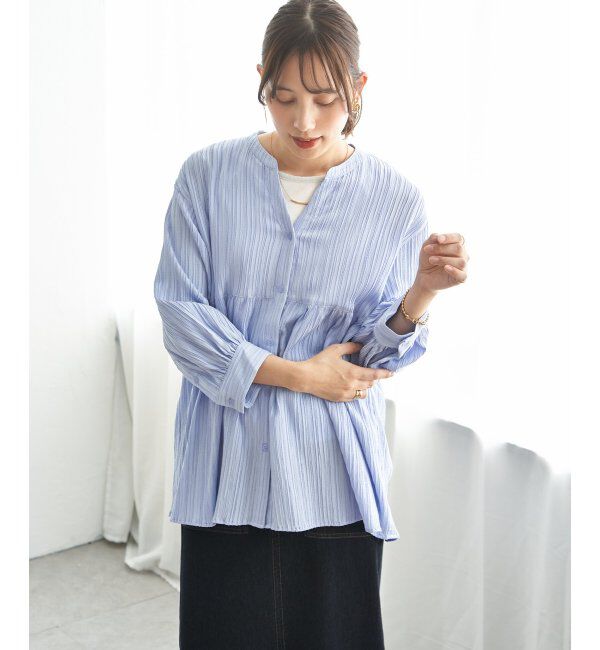 ikka「冷感楊柳バンドカラーシャツ」|シャツ・ブラウス|ブルー