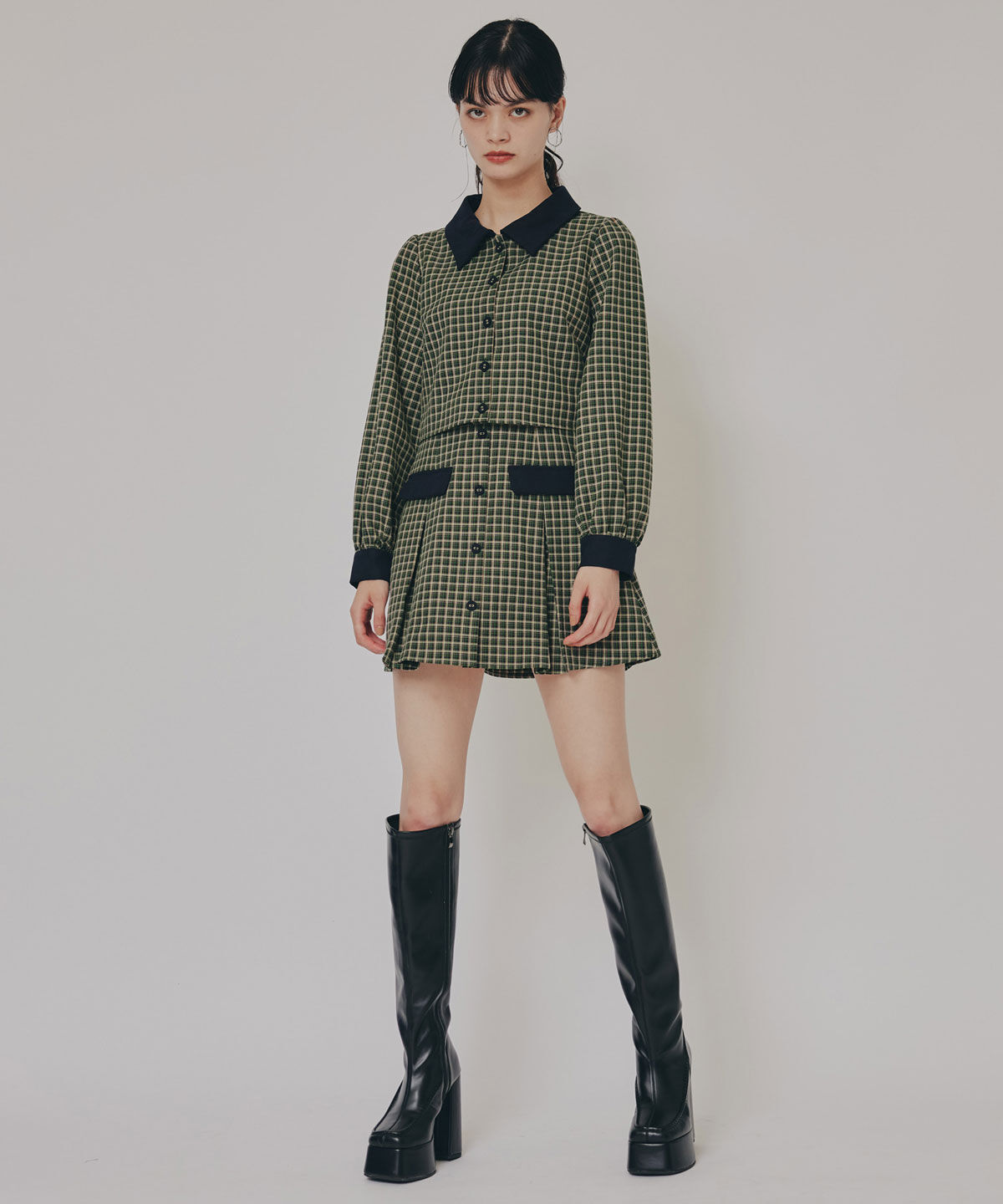REDYAZEL「バイカラークラシックチェックブラウス&times;ミニスカートセットアップ」|ワンピース|