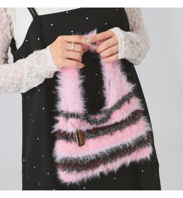 Ray BEAMS 「シャギー ボーダー ニット バッグ」|ハンドバッグ|PINK