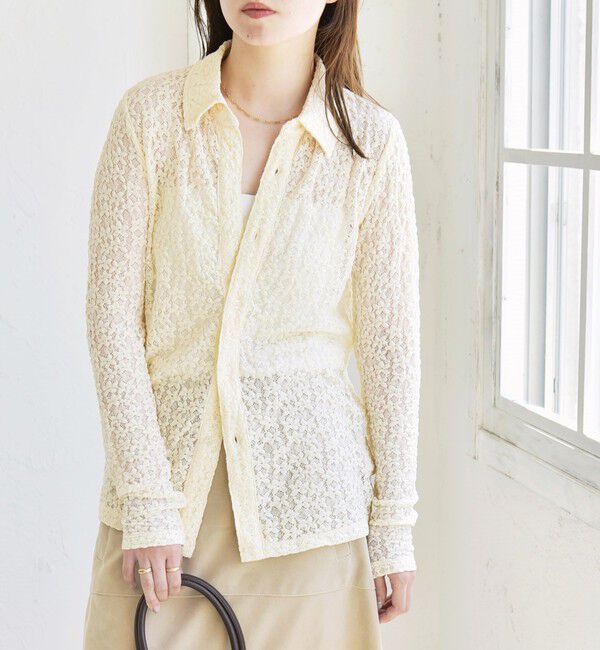 quaranciel「quaranciel:〈手洗い可能〉フラワー レース ストレッチ レギュラーカラー シャツ カットソー」|Tシャツ・カットソー|オフホワイト