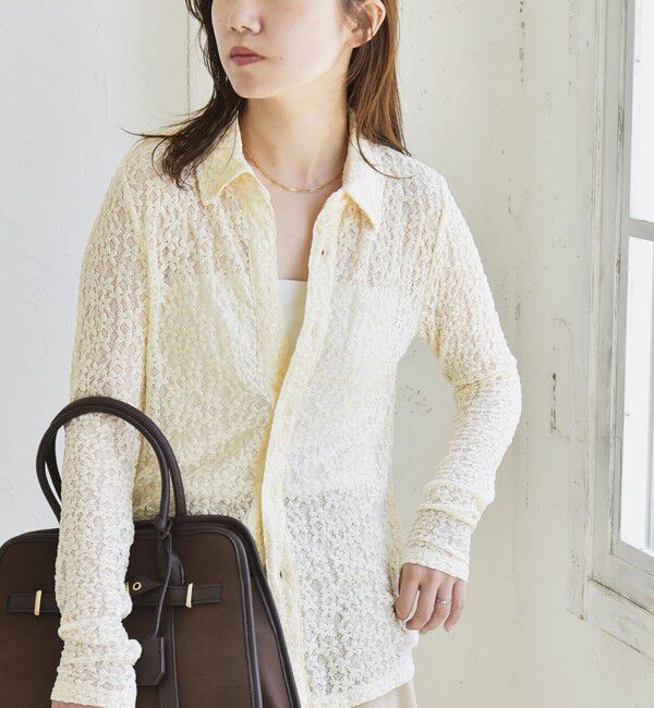 quaranciel「quaranciel:〈手洗い可能〉フラワー レース ストレッチ レギュラーカラー シャツ カットソー」|Tシャツ・カットソー|