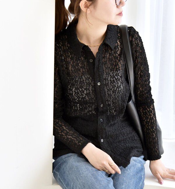 quaranciel「quaranciel:〈手洗い可能〉フラワー レース ストレッチ レギュラーカラー シャツ カットソー」|Tシャツ・カットソー|ブラック