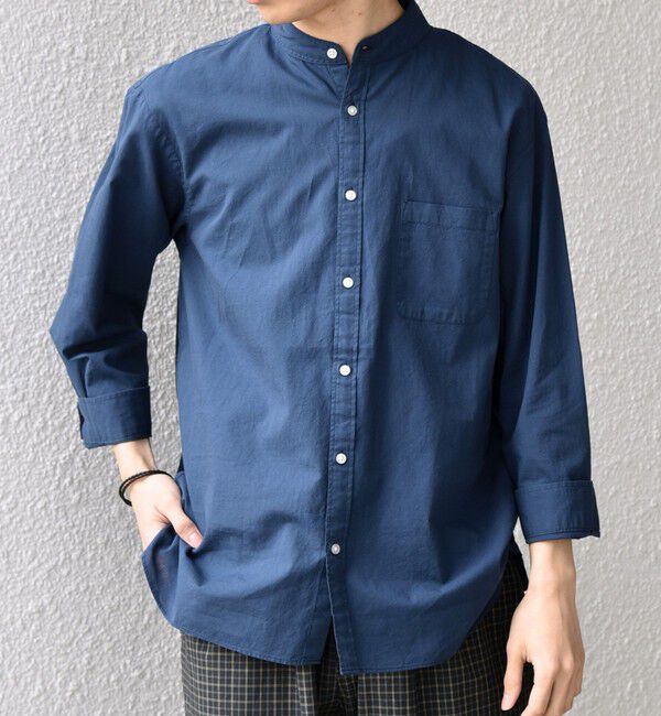 SHIPS any「SHIPS any:〈洗濯機可能〉コットン/リネン 7分袖 バンドカラー ポケット シャツ◆」|シャツ・ブラウス|ネイビー