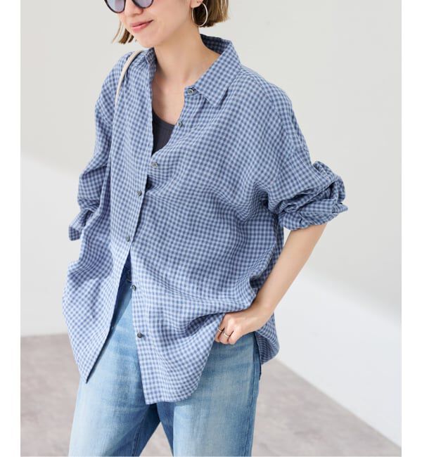 FRAMeWORK「≪一部カラーWEB限定 / 追加予約≫ライトフレンチリネンストライプ&チェックシャツ」|シャツ・ブラウス|ブルー A