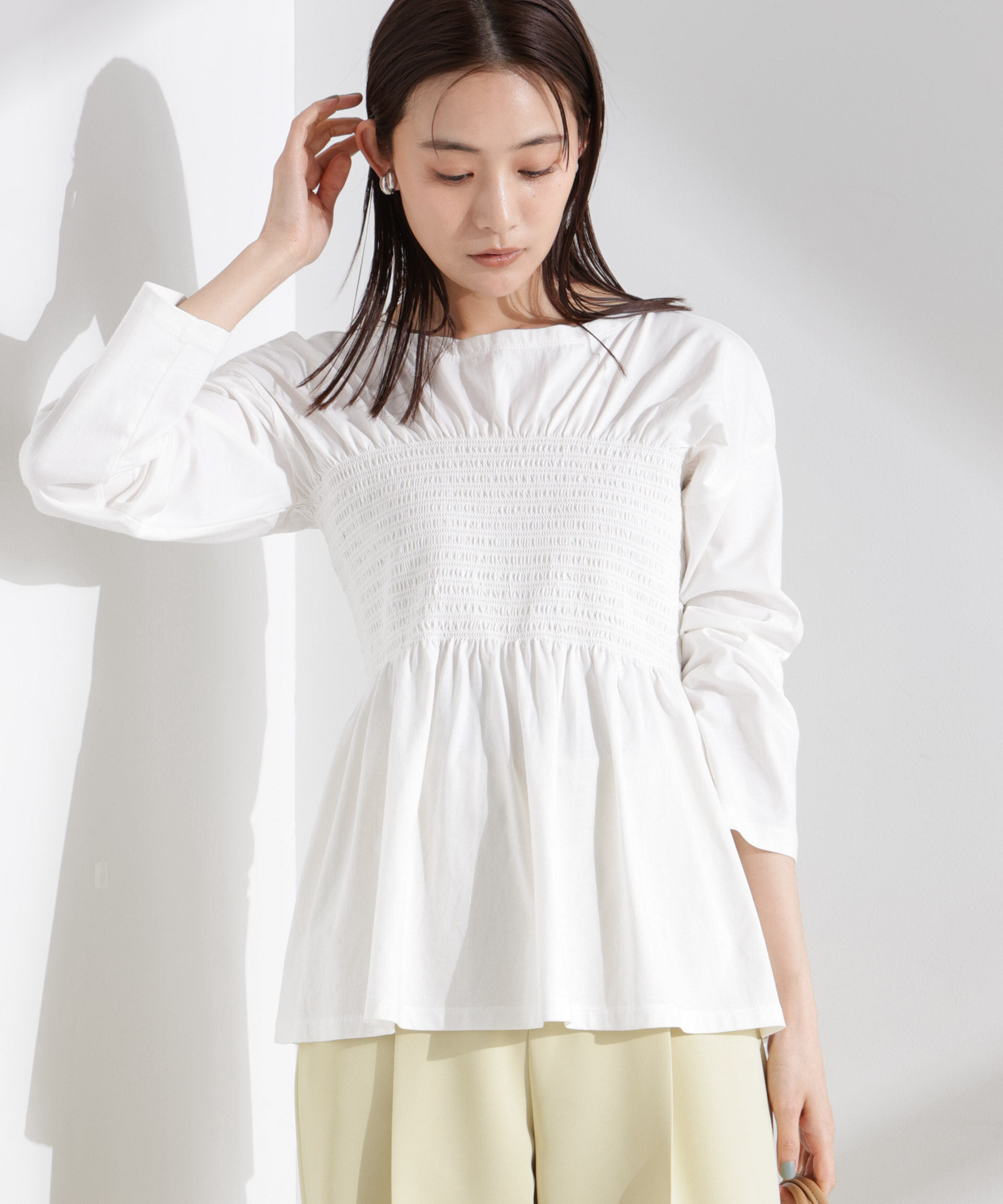 nano･universe「シャーリングデザインカットソー」|Tシャツ・カットソー|ホワイト