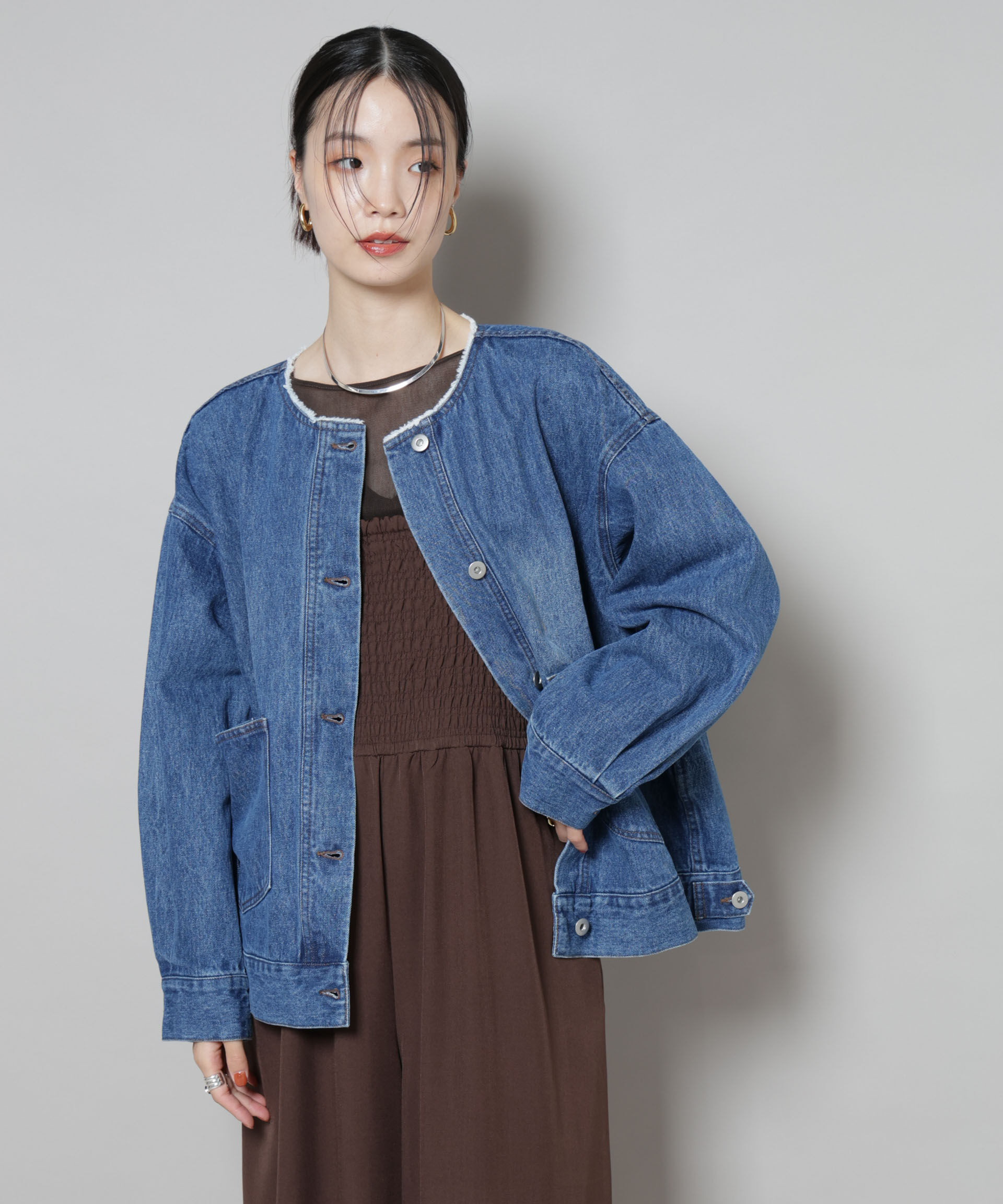 nano･universe「ノーカラーデニムジャケット」|テーラードジャケット|ネイビー
