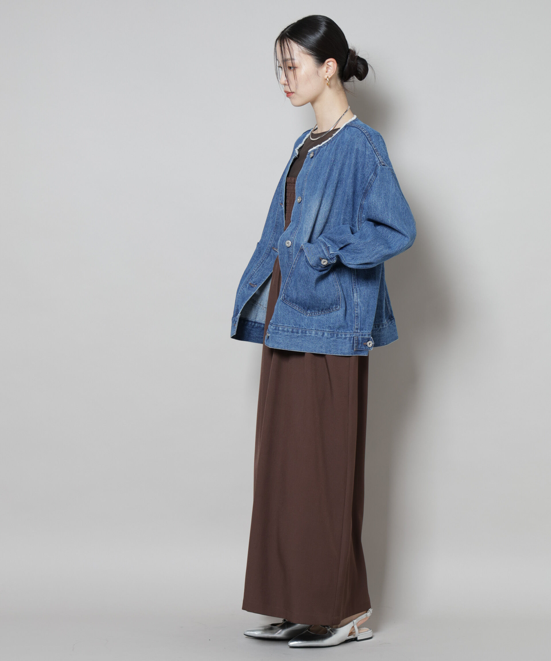 nano･universe「ノーカラーデニムジャケット」|テーラードジャケット|