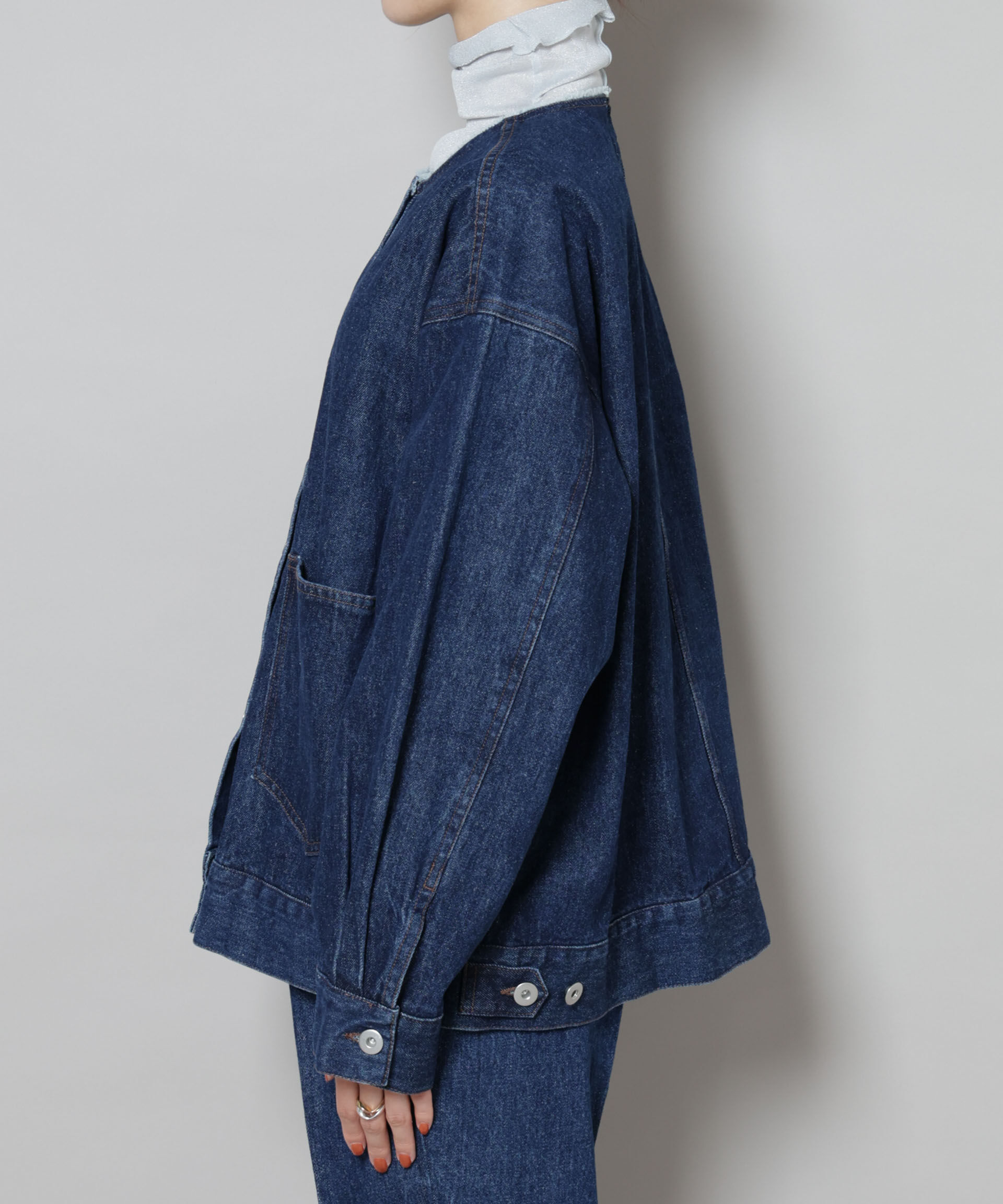 nano･universe「ノーカラーデニムジャケット」|テーラードジャケット|