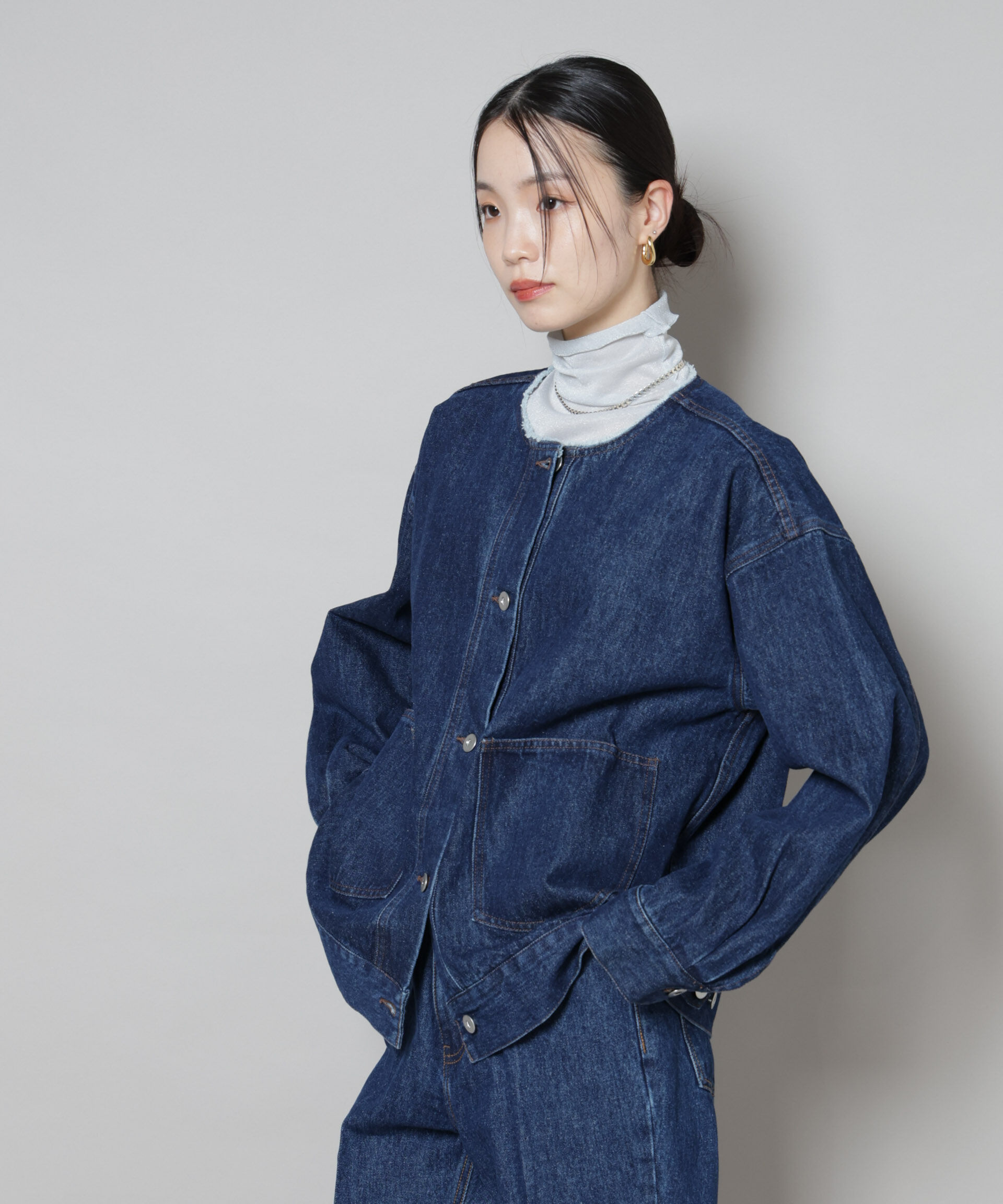 nano･universe「ノーカラーデニムジャケット」|テーラードジャケット|