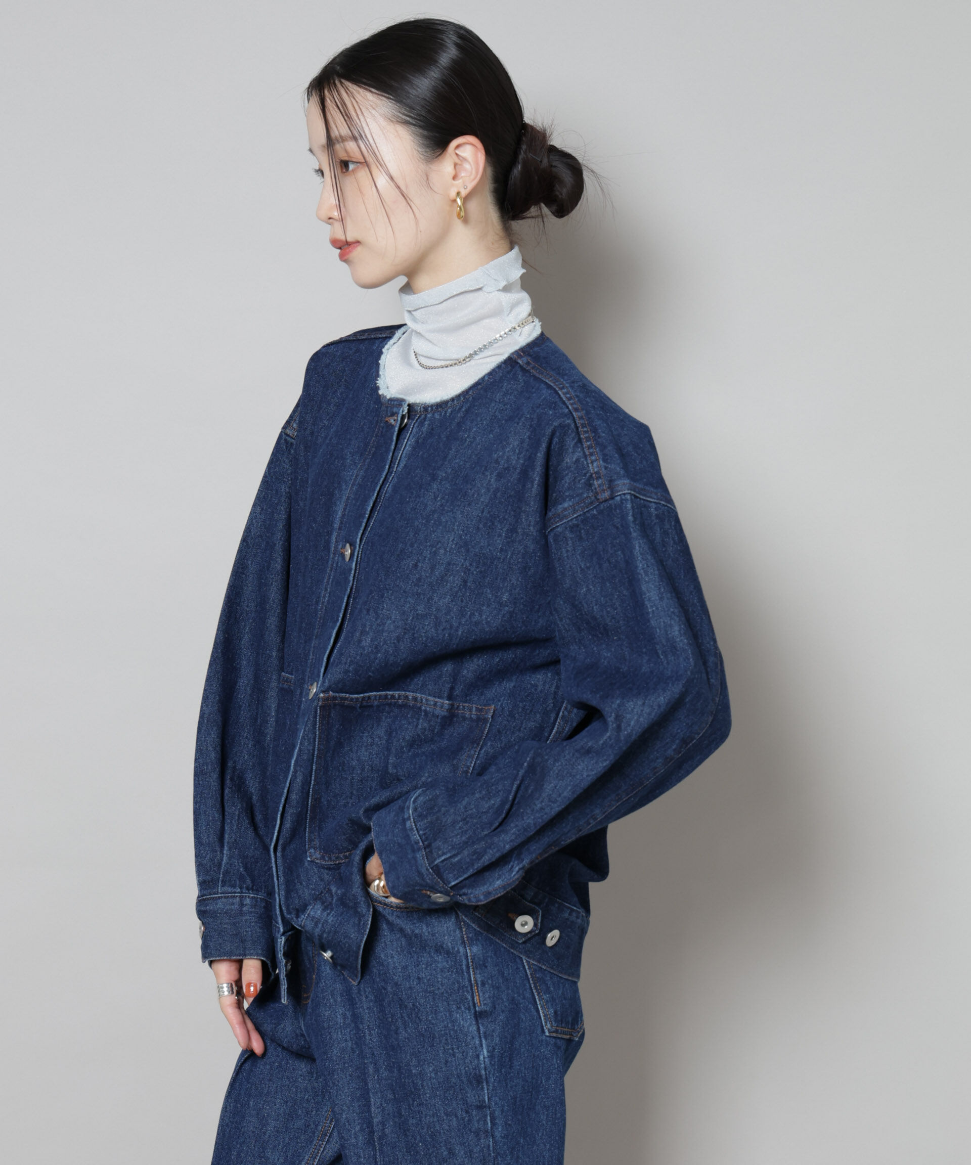 nano･universe「ノーカラーデニムジャケット」|テーラードジャケット|