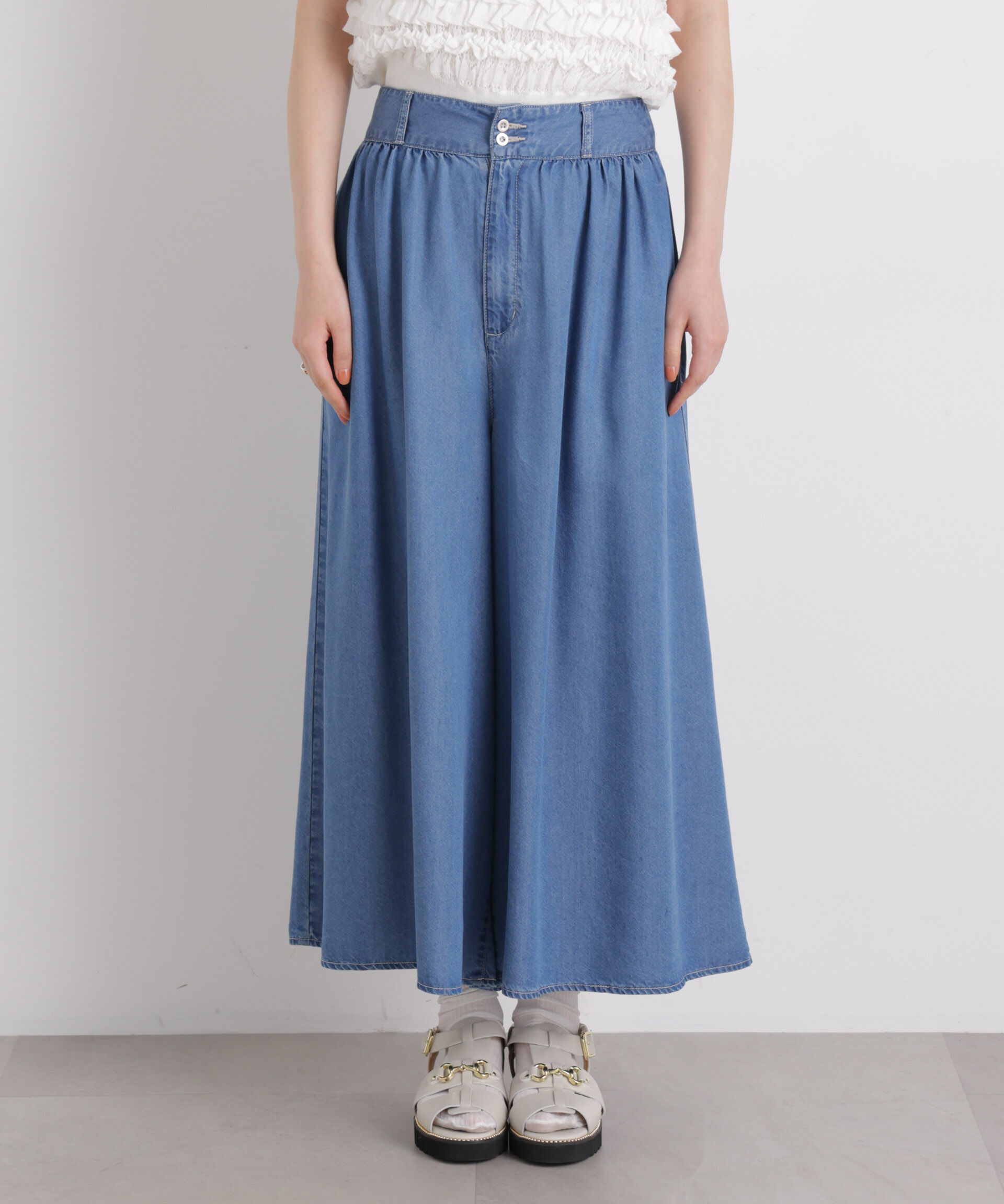 nano･universe「テンセルデニムギャザーワイドパンツ(セットアップ可)」|チノ|